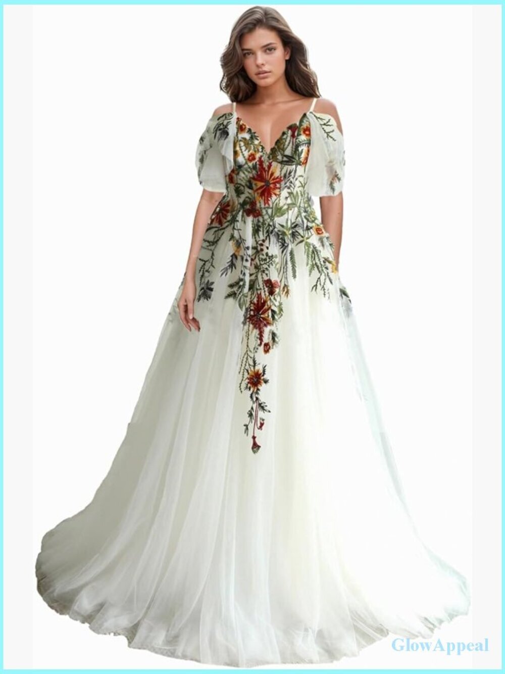 Floral Embroidery A-Line Tulle Wedding Dress Off Shoulder Sleeves